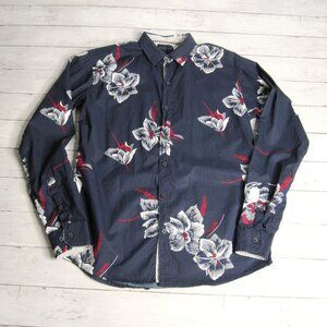 Day & Age Men's Button Down Floral Dress Shirt Size L Long Sleeve Navy Tropical